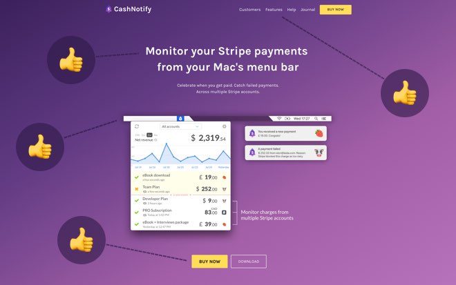 CashNotify homepage with thumbs up icons