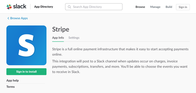 Stripe integration in the Slack App Directory